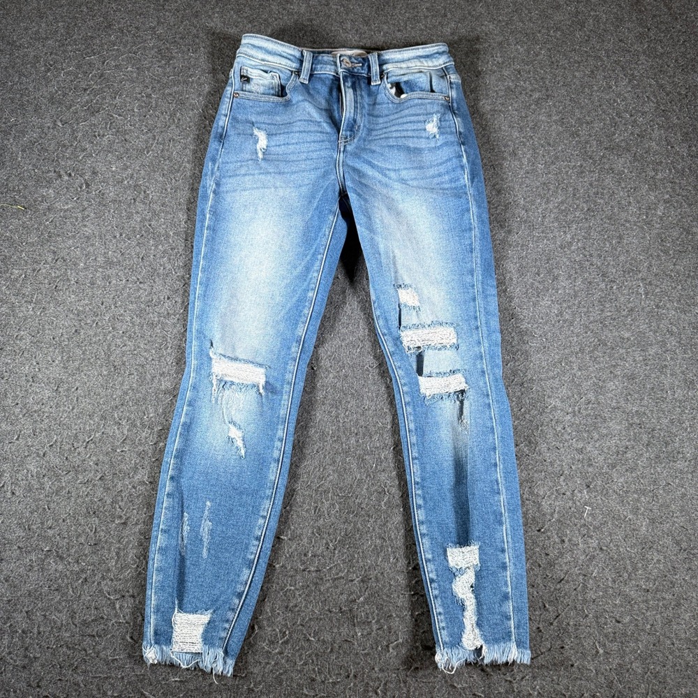 KanCan High Rise Skinny Jeans Medium Wash Distressed Ripped Frayed Hem 7/27